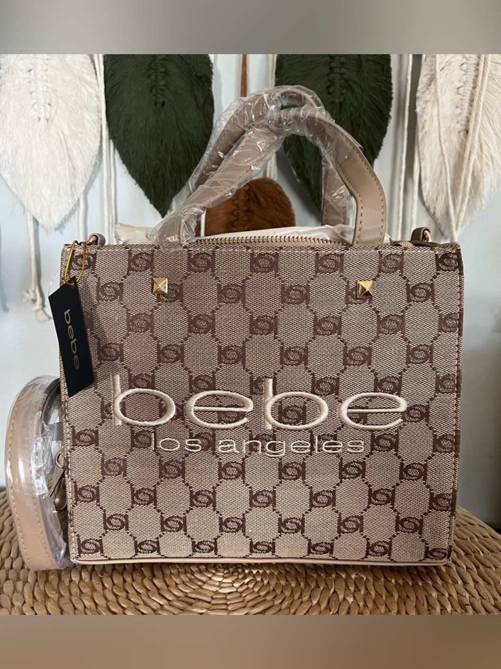 bebe Beige Brown Logo Satchel with Gold Accents